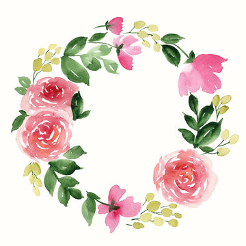 Watercolor wreath of tea roses. Hand painted floral composition