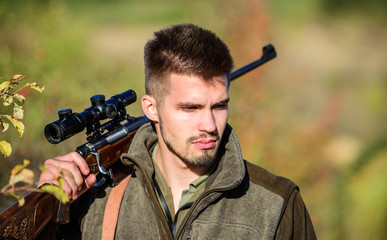 Army forces. Camouflage. Bearded man hunter. Hunting skills and weapon equipment. How turn hunting...