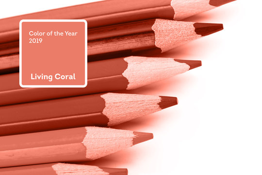 Living Coral color of the Year 2019. Pencils with coral in trendy color