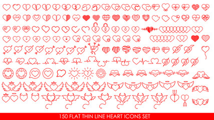 150 FLAT THIN LINE HEART ICONS SET