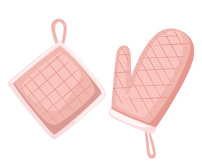 Potholder and oven mitt pink color. Protective fabric tissue cloth with square pattern. Flat vector illustration isolated on white background