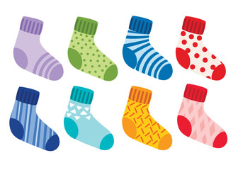 Colored wool knitted socks collection. Socks with different pattern and texture. Colorful set. Flat vector illustration isolated on white background