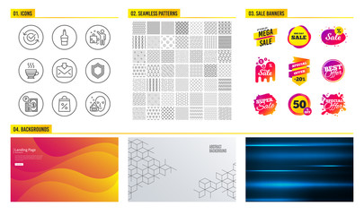 Seamless pattern. Shopping mall banners. Set of Shopping bag, Scotch bottle and Strategy icons. Incoming mail, Parking payment and Cafe creme signs. Security, Approved and Face cream symbols. Vector