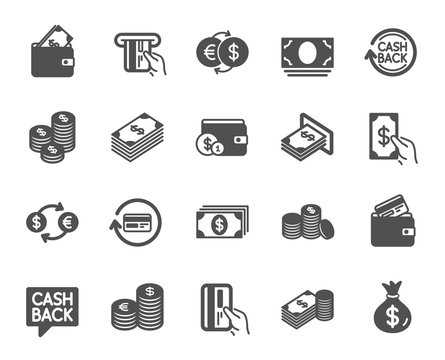 Money icons. Set of Banking, Wallet and Coins icons. Credit card, Currency exchange and Cashback money service. Euro and Dollar, Cash wallet, exchange. Banking credit card, atm payment. Vector
