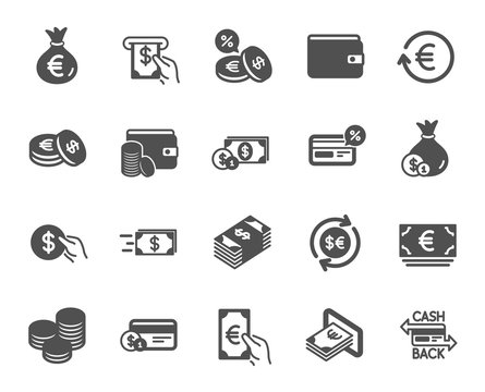 Money wallet icons. Set of Credit card, Cash and Coins icons. Banking, Currency exchange and Cashback service. Wallet, Euro and Dollar money, credit card. Cash exchange, bank payment. Vector