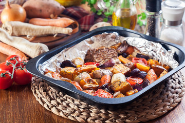 Roasted vegetables on baking metal tray