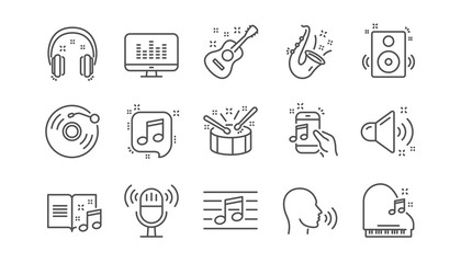 Music line icons. Guitar, Musical note and Headphones. Jazz saxophone linear icon set.  Vector