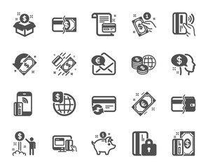 Money wallet icons. Update credit card, Contactless payment and Piggy bank icons. Online payment, Dollar exchange and Fast money send. Private pay, Blocked credit card and Wallet. Vector