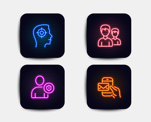 Neon glow lights. Set of Couple, Recruitment and Security icons. Messenger mail sign. Two male users, Headhunter aim, Person protection. New e-mail.  Neon icons. Glowing light banners. Vector