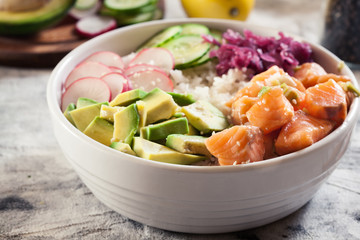 Poke bowl, traditional Hawaiian raw fish salad