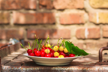 cherries, fruit berries, harvest (ripe and juicy fruits). top. copy space. food background