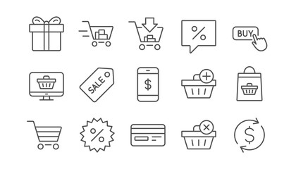 Shopping bag line icons. Gift, Present and Sale discount. Delivery linear icon set.  Vector