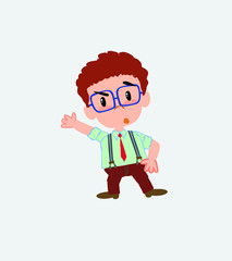 Businessman in casual style something angry shows something to his right.