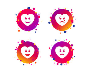 Heart smile face icons. Happy, sad, cry signs. Happy smiley chat symbol. Sadness depression and crying signs. Gradient circle buttons with icons. Random dots design. Vector