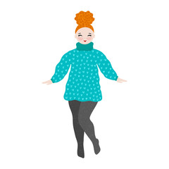 Girl in warm dress dancing and smiling. Pastime. Hand drawn cute cartoon character. Unique design. Freehand style. Weekend. Relaxation and comfort. Card, poster, cover, print on clothes. Vector, eps10