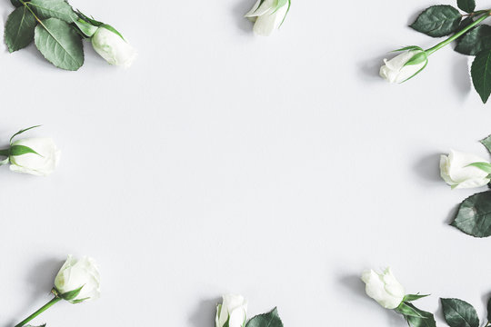 Flowers composition. White rose flowers on pastel gray background. Flat lay, top view, copy space
