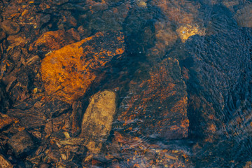 Underwater smooth stones in spring water close-up. Clean water flow among red stones. Colorful natural background of mountain spring stream with copy space. Beautiful texture of creek bottom.