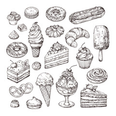 Sketch dessert. Cake, pastry and ice cream, apple strudel and muffin in vintage engraving style. Hand drawn fruit desserts vector set. Illustration of cake with cream, dessert sketch, pastry sweet