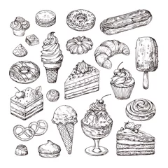 Fotobehang Sketch dessert. Cake, pastry and ice cream, apple strudel and muffin in vintage engraving style. Hand drawn fruit desserts vector set. Illustration of cake with cream, dessert sketch, pastry sweet © MicroOne