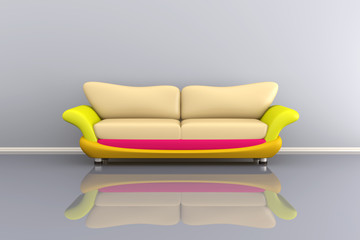 3d illustration of a colourful sofa in a grey room.