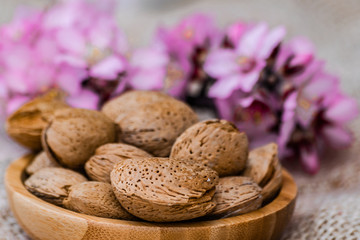 Almonds (prunus dulcis) with shell on wooden bowl, and almond flowers background, on sack surface