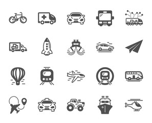 Transport icons. Taxi, Helicopter and subway train icons. Truck car, Tram and Air balloon transport. Bike, Airport airplane and Ship, subway. Travel bus, ambulance car, paper airplane. Vector