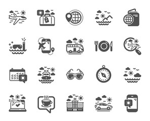 Travel icons. Passport, Luggage, Check in airport icons. Airplane flight, Sunglasses, Hotel building. Passport check in document, Sea diving. Restaurant hotel food, luggage travel. Vector