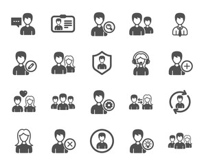 User people icons. Male and Female Profile, Group and Support icons. ID card, Teamwork people and Businessman symbols. Couple love, Security profile and User management support. Quality design element