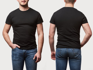cropped view of man with hand in pocket in basic black t-shirt with copy space isolated on white