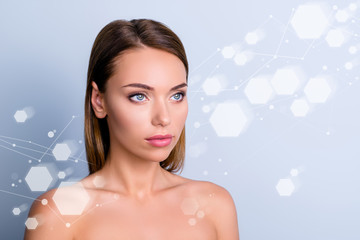 Advert cream wrinkle removal concept. Close-up portrait of nice cute lady shine pure flawless clean...