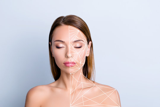 Product advertising antiage concept. Close-up portrait of nice cute attractive lady perfect shine flawless clean clear facial closed eyes structure isolated over gray blue pastel background