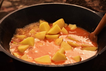 food cooking in stew pot in the nature ,romanian , tocana,traditional ceaun