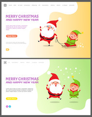 Merry Christmas and happy New Year Santa Claus with elf vector. Winter character with helper standing under snowfall, riding sleigh together holidays
