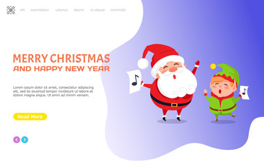 Merry Christmas and happy New Year greeting card, Santa Claus and Elf singing carol songs. Cartoon character Father frost and dwarf little helper, music signs, vector