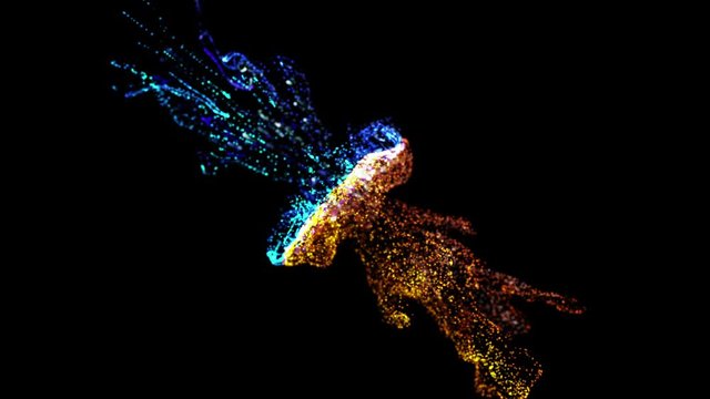 collision of two streams of particles in 4k. ink effect advection. Glitter in stream of invisible ink in water. 3d render with depth of field, luma matte as alpha channel. Blue red streams 17