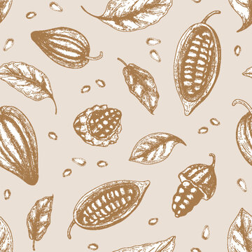 Monochrome seamless pattern with pods or fruits of cocoa tree, beans or seeds and leaves hand drawn with contour lines on light background
