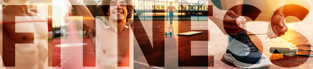 Obraz premium Collage of handsome shirtless man exercising outdoors. Upper-case fitness over the picture.