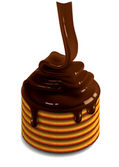 A  pile of waffles on which a glossy stream of chocolate flows. Highly realistic illustration.