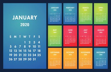 Calendar 2020 vector basic grid. Simple design template. English wall calender