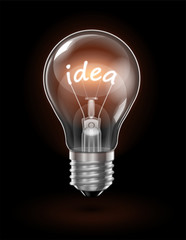 Transparent glowing  light bulb on a dark background with the word IDEA instead of a tungsten filament. Highly realistic illustration.