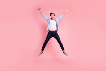 Full length body size photo of jumping high crazy cheer he his him handsome happy glad really need...