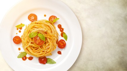 Delicious pasta on white plate on  background