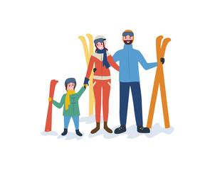 Family skiing, mother father parents and child vector. People leading active lifestyle, winter sport and hobby of kid holding moms hand, seasonal fun
