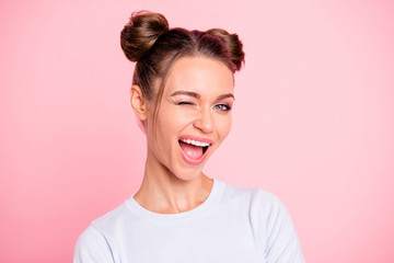 Close-up portrait of her she nice cute lovely attractive winsome cheerful cheery girl with buns...