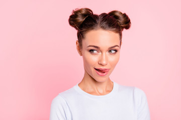 Close-up portrait of her she nice-looking lovely lovable attractive cheerful funny girl with buns...