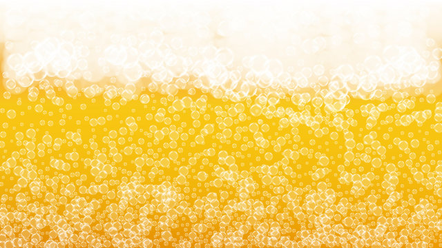 Craft beer background. Lager splash. Oktoberfest foam. Pour pint of ale with realistic white bubbles. Cool liquid drink for pub menu concept. Golden glass with craft beer background.