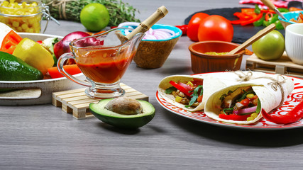 two authentic mexican tacos flat lay composition, border Mexican cooking recipe