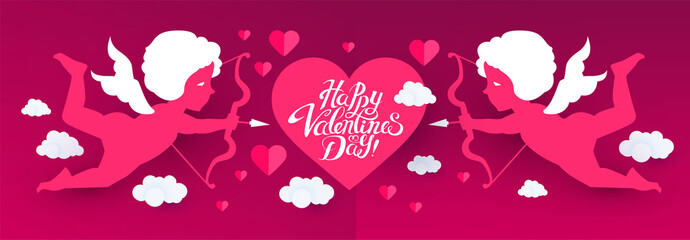 Happy Valentine s Day. Cute Design Template with Hearts, Cloud and Cupid Holding Bow and Arrow.