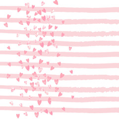 Wedding glitter confetti with hearts on pink stripes. Shiny random sequins with metallic sparkles. Design with pink wedding glitter for greeting card, bridal shower and save the date invite.