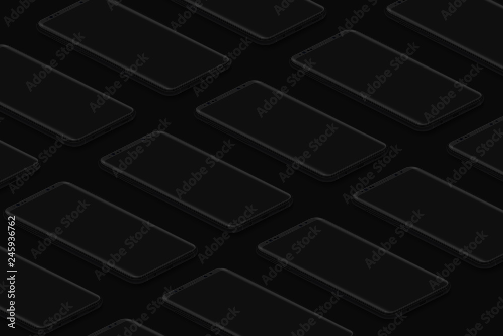 Poster Black isometric realistic smartphones grid. Dark phones template for inserting UI interface or business presentation. Floating vector mock up design.